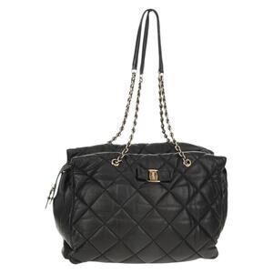 Salvatore Ferragamo Chain Vala Shoulder Bag Leather Black Gold Auth gh1480